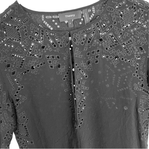 Theory Eyelet Top Blouse Womens Small Black Embroidered Shirt Tunic Short Sleeve - Picture 6 of 13